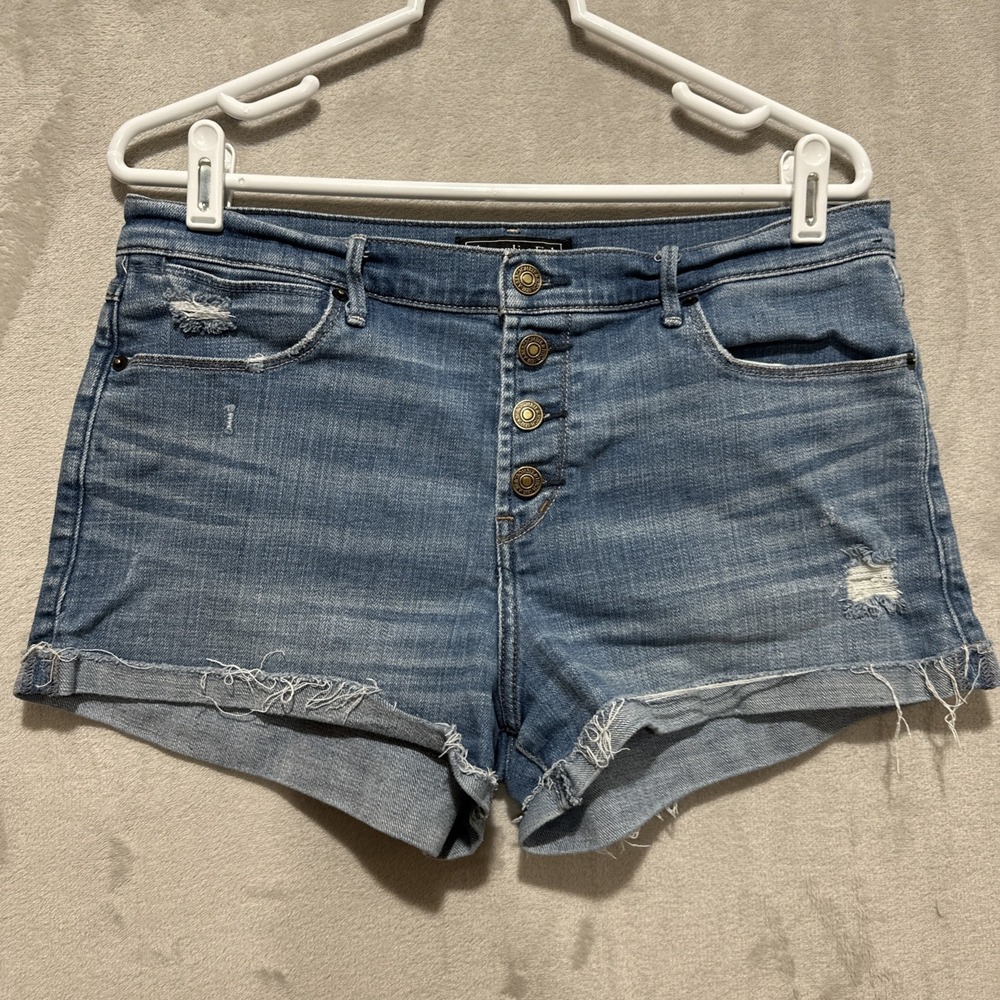 Abercrombie‎ and Fitch Denim Shorts Women's 31 Blue Button Fly Distressed Frayed